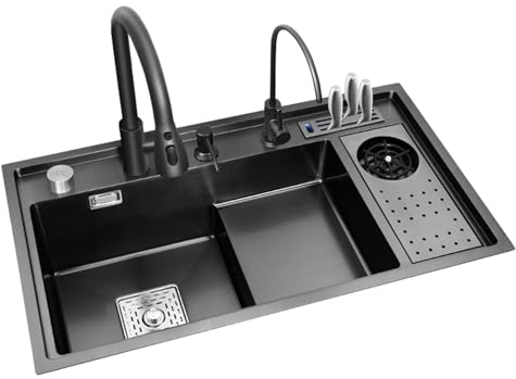 Fregadero Cocina 1 Seno Fregadero Negro con Escurridor, Lavabo Cocina Moderno Fregadero Oculto con Tapa