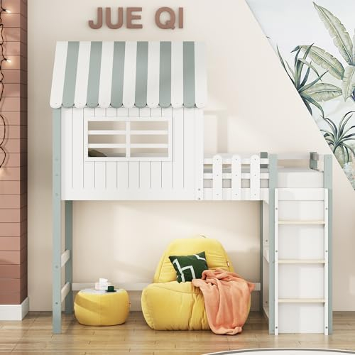 Dolamaní Kinderbett Hochbett 90x200 cm, Hausbett Holz mit Treppe & Ablagefach, Einzelbetten Bett Bettrahmen mit Rausfallschutz für Jungen und Mädchen (Grün)