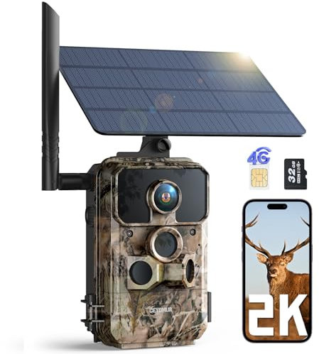 CEYOMUR 4G LTE Camera de Chasse Solaire, 2K Camera Chasse connectée Telephone avec Diffusion en Direct, Caméra Chasse avec Batterie 7500mAh, Carte SD et SIM, Déclenchement 0,1s, Étanche IP66