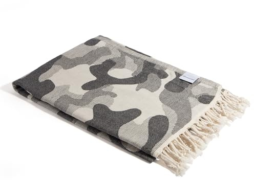 InfuseZen Turkish Bath & Beach Towel – Reversible Camouflage Print - 100% Organic Turkish Cotton - Soft, Lightweight, Absorbent Peshtemal, Quick Dry, Sand Free – Gym, Throw, Travel - Black Camo