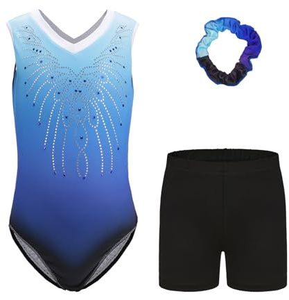 Konstnärlig gymnastik Body för flickor - Flickor Långärmad Ärmlös Gymnastikdräkt med Gradienta Färger Shorts och Pannband, Friidrott Bodysuit för Barn 5–14 år, B68 BLÅ, TAG 10A(9-10 anni)