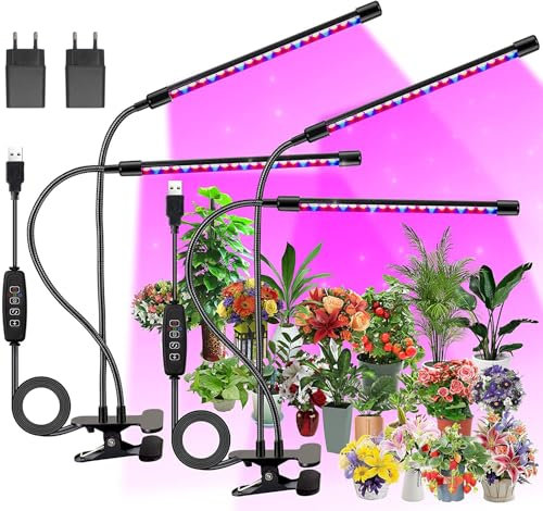 FECiDA 2-Pack 2-Head Pflanzenlampe LED, Vollspektrum Wachstumslampen für Pflanzen, 460nm/660nm/3000K Pflanzenlicht für Zimmerpflanzen, Pflanzenleuchte mit 5 Stufen Dimmbar, 3/6/12H Auto Timer