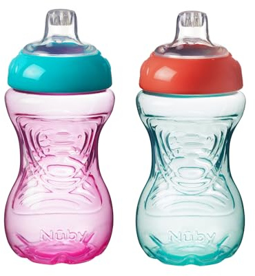 Nuby Easy Grip | Confezione da 2 | Bicchiere con beccuccio per bambini | A prova di schizzi | Facile da tenere in mano | Senza BPA | Rosa e arancione