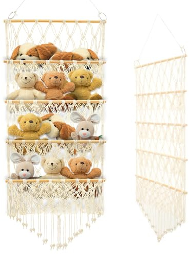 KTCINA Stofftier Aufbewahrung 120-125 cm Mit Netztasche Hängend Kuscheltier Netz Deko Spielzeug Hängematte Organizer Kinderzimmer Spielzimmer (Beige)