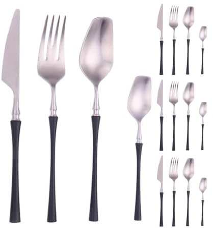 Quadratischer Kopf Schlanke Taille Griff Küche Edelstahl Besteck Geschirr Besteck Set Steak Messer Gabel Löffel Teelöffel (Schwarz Silber,16 Stück)