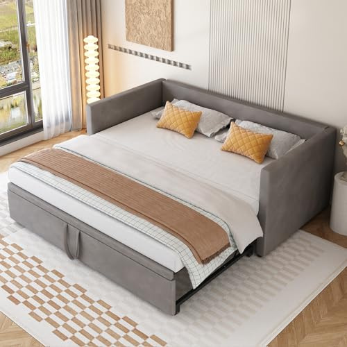 DRIXNO Schlafsofa Bett 90/180x200 Ausziehbares Bed Betten mit Lattenrosten Polsterbett Dunkelgrau Multifunktionsbett Hautfreundlichem Samtstoff