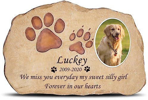 ZHUNYSU Pietre commemorative per cani e gatti, pietra lapide personalizzata per cane, gatto tomba, impronte di zampe, regalo per la perdita di animali domestici (impronte di zampe + foto commemorativa