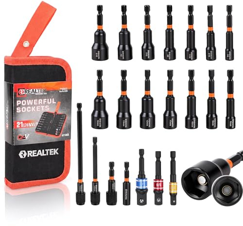 REALTEK 21PCS Magnetic Nut Driver Set, Impact Drill Driver Bit 1/4 | Cr-V Steel SAE & Metric Power Nut Drivers, Quick-Release Extension, Socket Adapters, with Storage Bag
