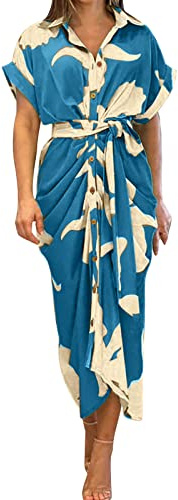 Generisch Robe chemise pour femme avec imprimé floral élégant, taille haute, col montant, manches courtes, robe d'été blanche à manches longues, bleu, XXL