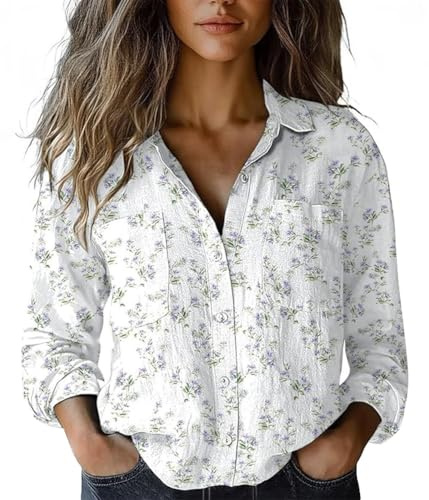 ORANDESIGNE Chemisier Femme Chic et élégant Chemise Bouton Boho Blouse à Imprimé Floral Haut Manches Longues avec Poche Poitrine A Blanc 03 XL