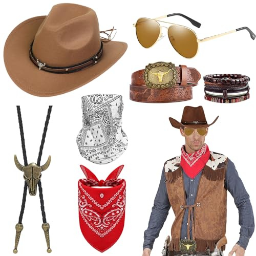 Saier tbo 7 Stück Western Cowboy Zubehör Set, Deluxe Cowboy Kostüm Accessoires Kit mit Cowboyhut Brille Bandana Maske Halskette Armband Gürtel für Erwachsene Damen Herren Halloween Mottoparty Cosplay