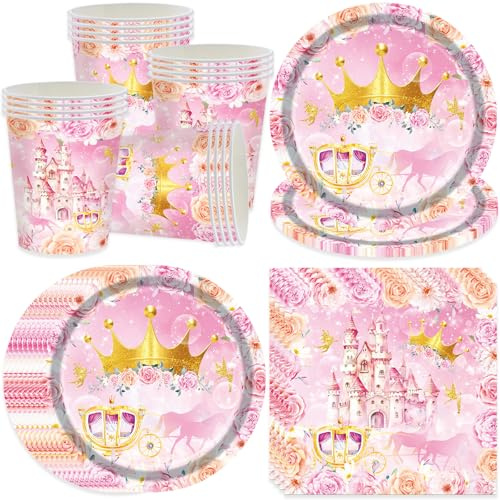 Bikasun Ensemble de vaisselle de fête au château de princesse, château rose, décoration d'anniversaire d'enfant, assiettes en carton, gobelets, serviettes pour 16 invités, fête prénatale, mariage