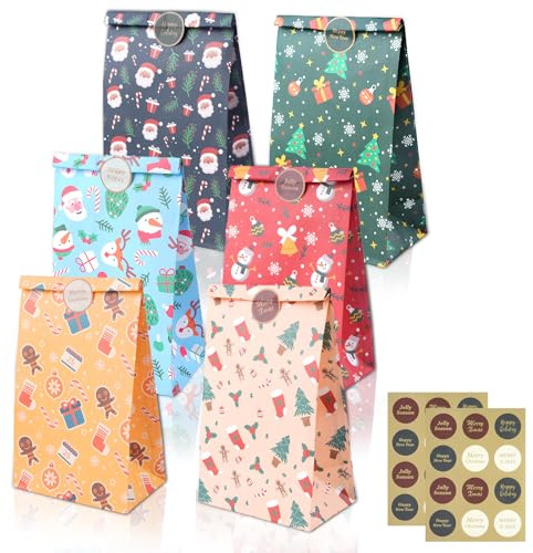 Deepton 24 Geschenktüten Weihnachten, Weihnachtstüten Klein mit Aufklebern | Papiertüten Weihnachten, Candy Tüten, Multifunktionale Papier Tüten für Kekse, Klein Geschenke, Partys, Bunt
