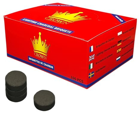 Charbon en Pastille - Crown, 100 Pieces, Allumage Rapide Et Combustion Lente, Haute Qualité, Auto-Inflammable, 33 mm