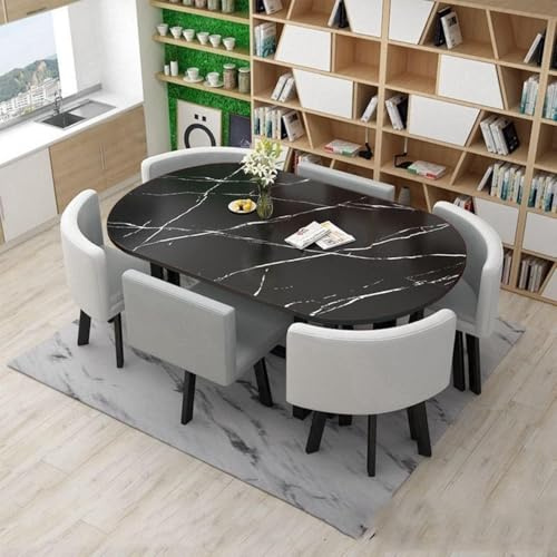 YKWLKJ Ovales Empfangs Esstisch mit 6 Stühlen Set, Küchentisch und 6 Stühle für kleine Räume, MDF-Schreibtischplatte(Grey)
