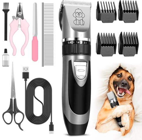 Geräuscharmer 5-Gang-Tierhaarschneidemaschine für Haustiere mit Nagelschere, Schere, Feile und Stahlkamm Professionelles Schermaschine, Plug-und-Play Abnehmbarer, waschbarer Kopf für Katzen und Hunde