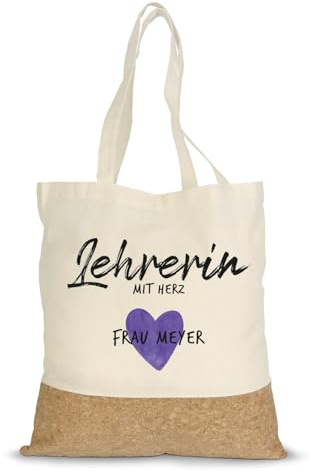 GRAVURZEILE Bedruckte Einkaufstasche Kork - Lehrerin mit Herz - Personalisiert mit Name - Einkaufsbeutel aus Baumwolle & Korkbesatz - Lange Tragegriffe - Geschenk für Lehrerin & Erzieherin
