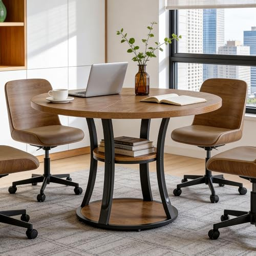 Tribesigns 39″ Round Conference Table with 2-Tier Storage, Small Meeting Room Table for 2-4, Space-Saving Office Desk with Metal Base, Rustic Brown