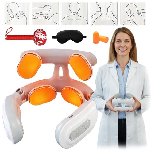 Cervical Neuromodulation Device, 6 Modes Cordless Neck Massager, Neck Massage Machine with 4-Head Design, 20 Temperature Settings, Light Vibration Hot Compress for Home, Office, and Travel (White,1)