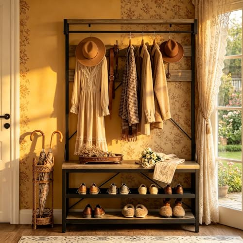Garvee Porte-Manteau Avec Etagère à Chaussures, Meuble D’Entrée Avec Banc Fonctionnelle Et Peu Encombrant Arbre D'Entrée Esthétique Moderne Chambre Couloir 102 x 40 x 183cm 8 Crochets, Gris