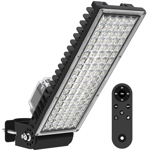 POWFUL 100W LED Strahler Dämmerung bis Morgengrauen Flutlicht Fernbedienung | 14000LM 6500K IP67 Wasserdicht, Dämmerungs & Dauerlichtmodus mit Timer-Funktion. Flimmerfrei , 240° verstellbar für Garten