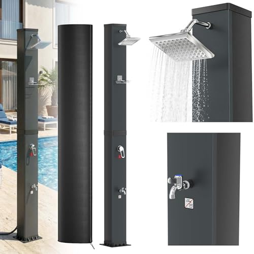 XMTECH Soldusch 40 liter trädgårdsdusch upp till 60 °C svart – utomhusdusch med 360 ° regnduschhuvud, handdusch, fotdusch, utan el, för trädgård, pool, camping inkl. skyddskåpa