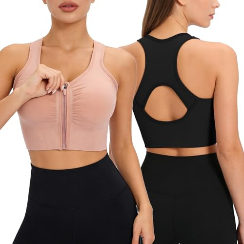 BBXWANG 2 Pack High Impact Sports Bras Women Zip Front Wireless Bra Racerback Removable Pads Bras for Yoga Gym Fitness Running