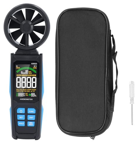 Anemometro digitale e misuratore di velocità del, portatile, con ventola rotante a 180 gradi e schermo LCD retroilluminato, per velocità dell'aria, temperatura e umidità nelle