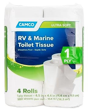 Camco TST 1-lagiges Toilettenpapier | Klärgrube Safe | 4 Rollen, 280 Blatt pro Rolle (40275)