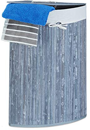 Relaxdays Eckwäschekorb Bambus, Faltbare Wäschebox 60 l, platzsparend, grau | Wäschesack Baumwolle, 65 x 49,5 x 37 cm