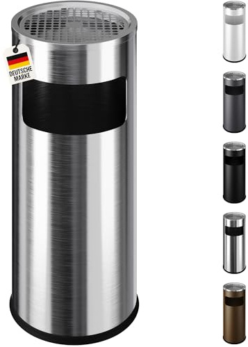 WELLGRO 2 in 1 Standaschenbecher Edelstahl für draußen – Wetterfester Standascher silber mit Mülleimer & Abfalleimer, großer Aschenbecher für Außenbereich, Terrasse, Eingang & Gewerbe