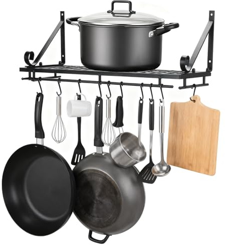 Cocoarm Wall Mounted Pot Pan Rack 45CM, Metal Hanging Storage Shelf with 10 Adjustable Hooks, Kitchen Utensils Organizer for Pots Pans Spoons Towels