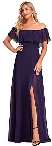 Ever-Pretty Dalla Spalla Vestito da Cerimonia Linea ad A Chiffon con Aberturas Lungo Viola Scuro 52
