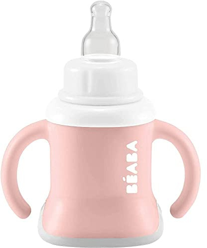 BÉABA Baby lärande mugg, flask-/drick-/muggfunktion, läckagesäker, lätt att greppa, ergonomisk, sugrör, 3-i-1 Evoluclip (Hood), gammelrosa