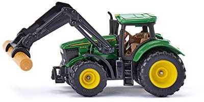 siku 1540, John Deere mit Baumstammgreifer, Metall/Kunststoff, Grün, Inkl. Baumstamm, Beweglicher Frontlader, Anhängerkupplung, Bereifung aus Gummi