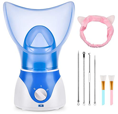Face Steamer for Facial Deep Cleaning, Facial Steamer for Women, 2 Modes Nano Ionic Facial Steamer for Unclogs Pores, Hydrating, Blue(Include Blackhead Remover Kit, Brush, Headband)