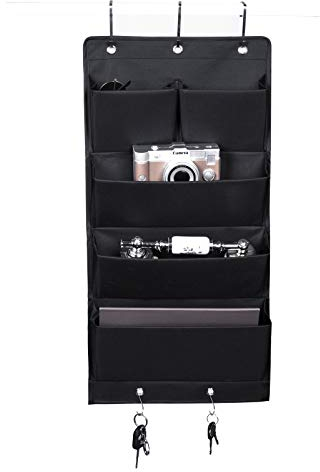 Hängeorganizer Tür Schrank Organizer aus Oxford Tuch Faltbar Hängeregal mit 5 Haken für Handtücher, Hängeaufbewahrung mit 4 Große Fächer, Schwarz