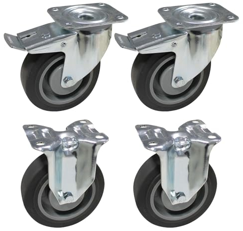 Rollensatz 2 Lenkrollen 2 Bockrollen 125mm, Stahlblech, Verzinkt, Gummierte Räder, 180kg Tragfähigkeit pro Rad
