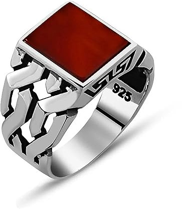 TAKILINGO Ketten-Design, klassisches Muster, Stein, breit, kubanisches Panzerkette, Band, rechteckig, Siegelring, Schmuck, Silber, Vintage-Ring, roter Achat, Aqeeq-Stein, Silber-Herrenring, Blau,