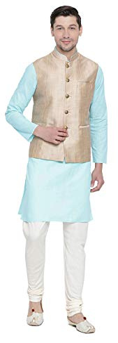 STYLE INSTANT - Set da uomo in misto seta indiana Kurta pigiama e giacca Nehru (cappotto) Diwali abito da sposa tradizionale, blu cielo, M