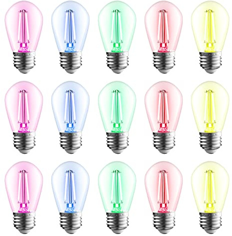 TORCHSTAR 15-Pack S14 Colored LED String Light Bulbs 1.2W, E26 Base, Non-Dimmable, Outdoor Filament Bulbs, 110V Shatterproof Replacement Bulb, IP65 Waterproof, ETL Listed