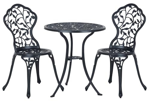 Outsunny Bistroset 3-TLG. Balkonset Aluminiumguss Gartenmöbel Schwarz | Balkonmöbel Set, Bistrotisch mit 2 Stühlen