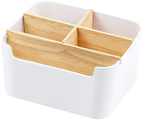 Schreibtisch-Organizer, Lre Co.Holz-Stifthalter, Desktop-Aufbewahrung, Fernbedienungshalter, Holz, multifunktionale Aufbewahrungsbox, Bambus, Schreibtischzubehör für Bleistift Notiz Kosmetik weiß
