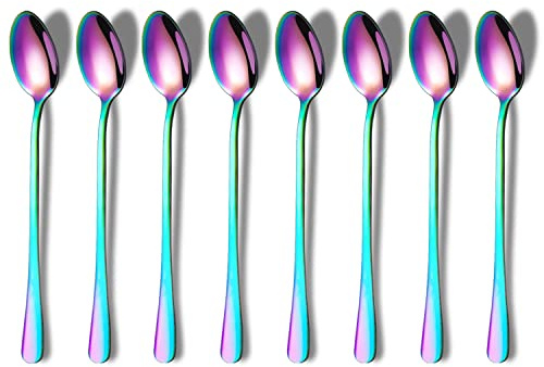 Homquen Stainless Steel Latte Spoons, Long Handle Coffee Spoons Teaspoons Set of 8, 7.8''/19.8cm Mixing Stirring Spoon, Ideal for Latte Coffee, Espresso, Iced Tea, Cool Drinking (Rainbow)