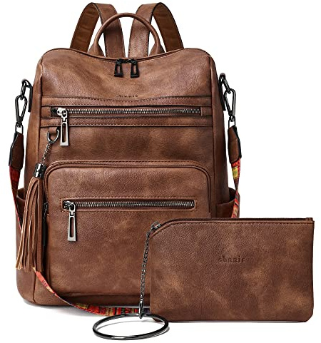 Shrrie Rucksack Damen,Cityrucksack Reiserucksack,PU Lederrucksack Handtasche Rucksack Damen Wasserdicht mit Geldbörse für Freizeit,Büro,Pendeln,Arbeit,Daypack-Zweifarbiges Braun