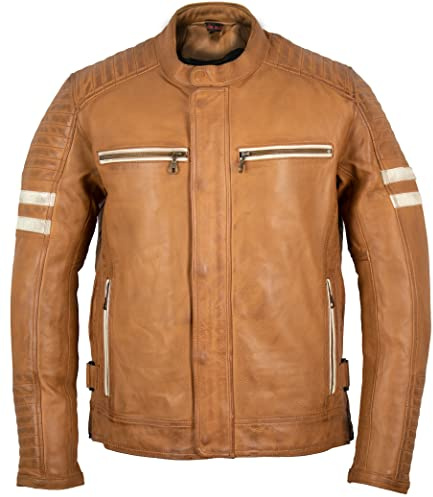 Herren Biker Motorrad Jacke Lederjacke mit Protektoren, Rindsleder (DE/NL/SE/PL, Alphanumerisch, XL, Regular, Regular, Braun)
