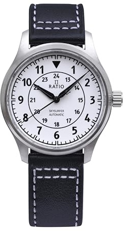 RATIO Orologio da pilota con cinturino in pelle serie Skysurfer, movimento automatico NH38A, resistente all'acqua fino a 200 m, orologio da pilota da uomo, Bianco, Pilota