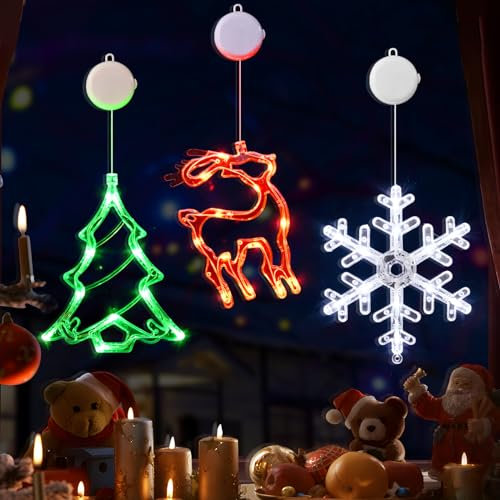 LOLStar Christmas Window Decorations, 3 Pack Reindeer, Christmas Tree, Snowflake Window Lights with Suction Cup, Timer Function and Slow Fade Mode Battery Operated Lights for Christmas and New Year