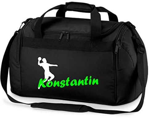 Sporttasche mit Namen Bedruckt für Kinder | Personalisierbar mit Motiv Handball | Reisetasche Duffle Bag für Mädchen und Jungen | Handballspieler Sport (schwarz)