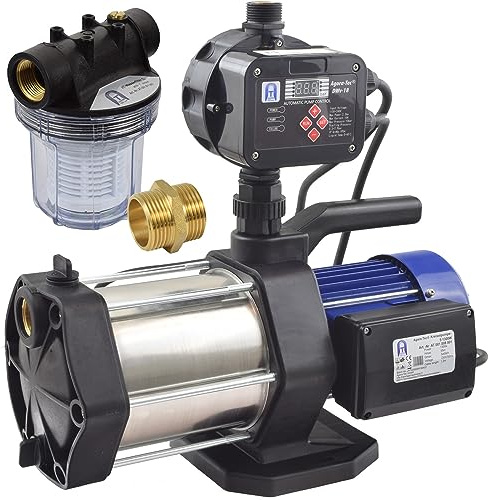 Agora-Tec® Hauswasserautomat Hauswasserwerk-5-1300-18DW-1L Druckschalter Filter 5400 l/h 5,6 bar einstellbarer Ausschaltdruck Trockenlaufschutz mit aktivierbarer Neustartfunktion Überdruckabschaltung